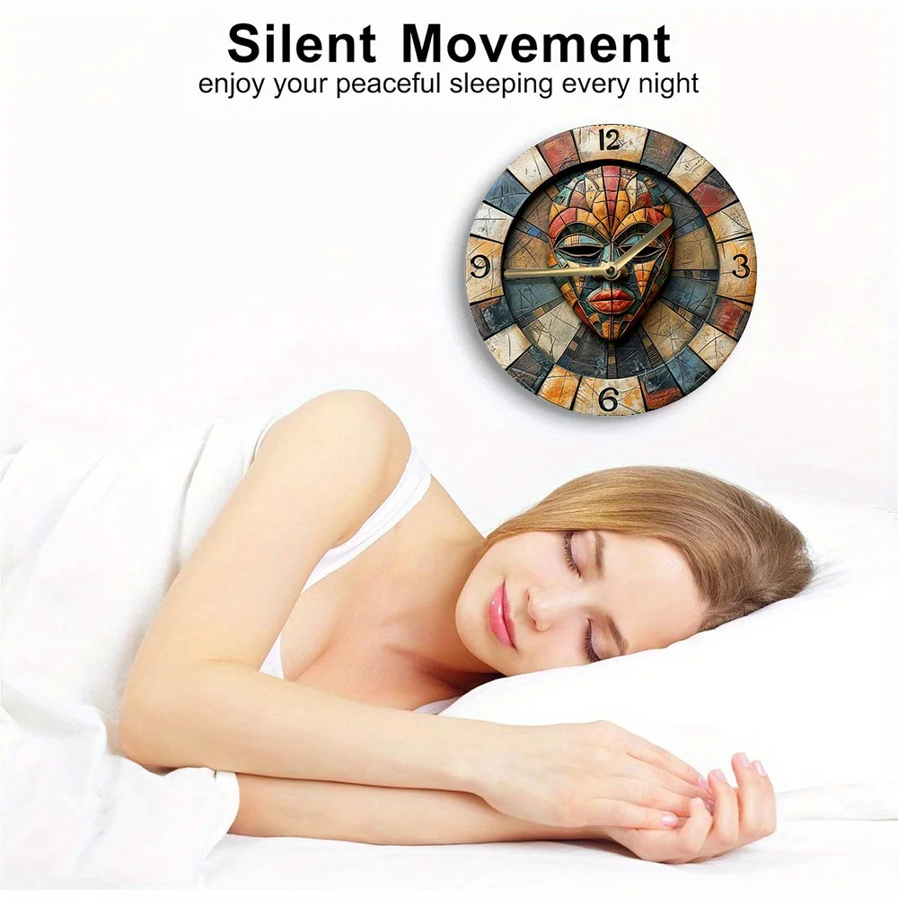 Silent Aluminum Wall Clock With African Mask Design - Perfect For Home & Office Decor, Ideal Father'S Day Or Thanksgiving Gift