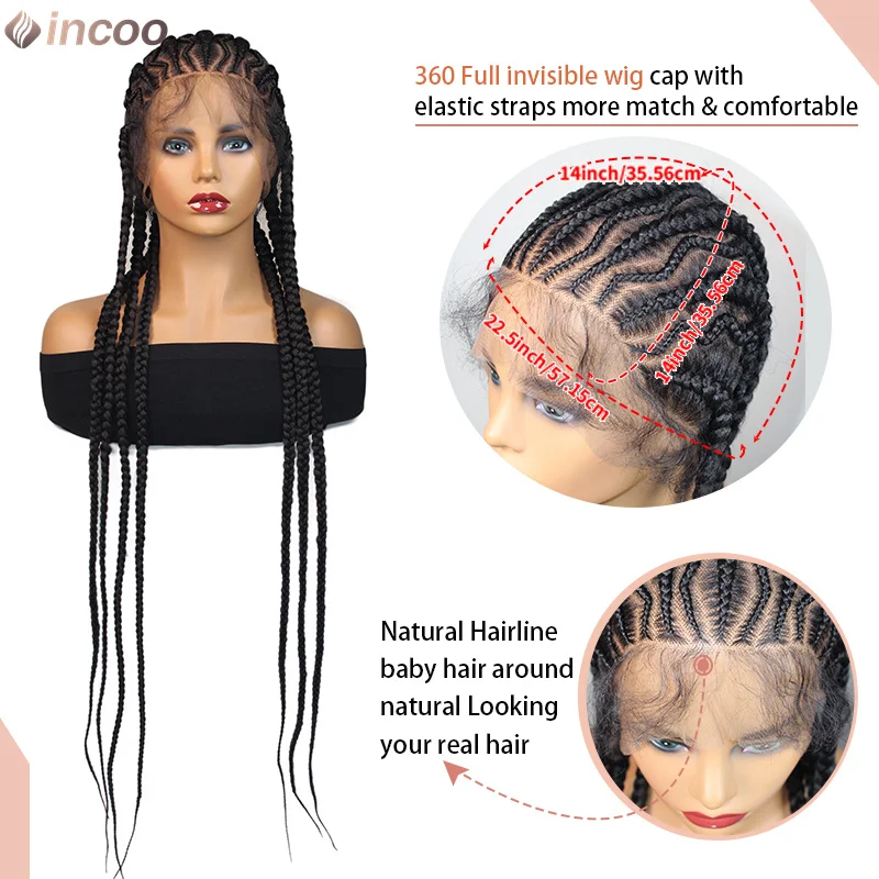 Wig Kepang Cornrow Sintetis 36 Inci Wig Kepang Depan Renda Penuh Bagian Samping untuk Wanita Kulit Hitam Rambut Kepang Kotak Tanpa Simpul Mudah untuk Kami