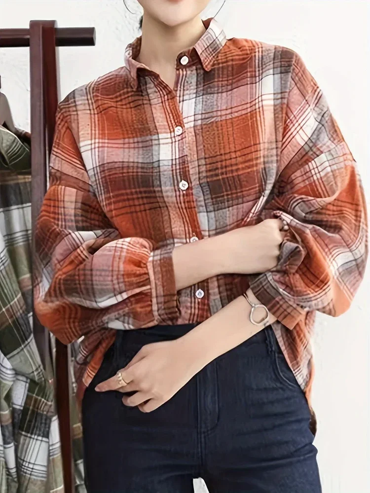 

Plus Size Women's Plaid Shirt 2025 Summer Korean Fashion Orange Vintage Plaid Blouse Lapel Texture Coat with Spring Travel Wear