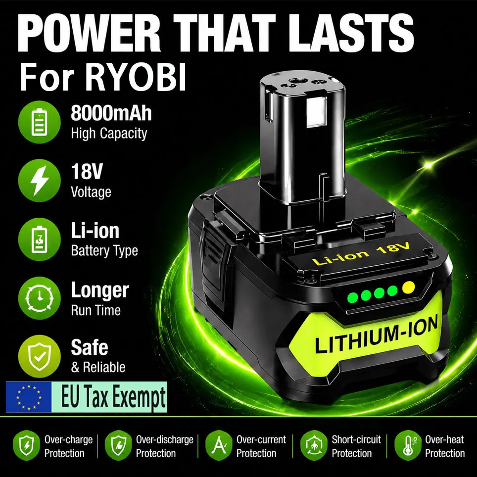 Hochleistungs-8,0-Ah-18-V-Akku für RYOBI P108 RB18L50 – Premium-Lithium-Ionen-Ersatzakku für RYOBI 18-V-Akku-Elektrowerkzeuge