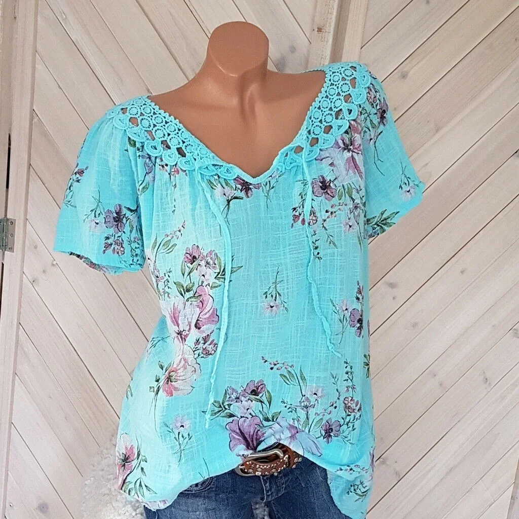 Women Summer Fashion Trendy Short Sleeve Lace Up Floral Print Blouses Tops  T-Shirts Casual Summer Lace Stitching Shirts