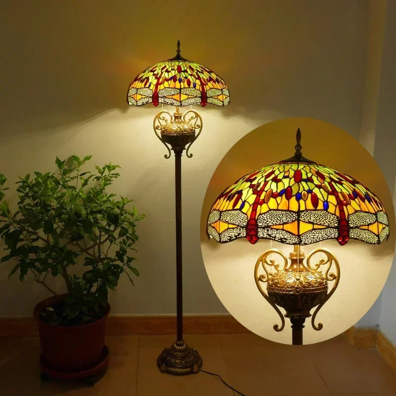 Candeeiro de pé Tiff Americano Retro Sala de estar Quarto Lâmpada País Candeeiro de pé em vitral