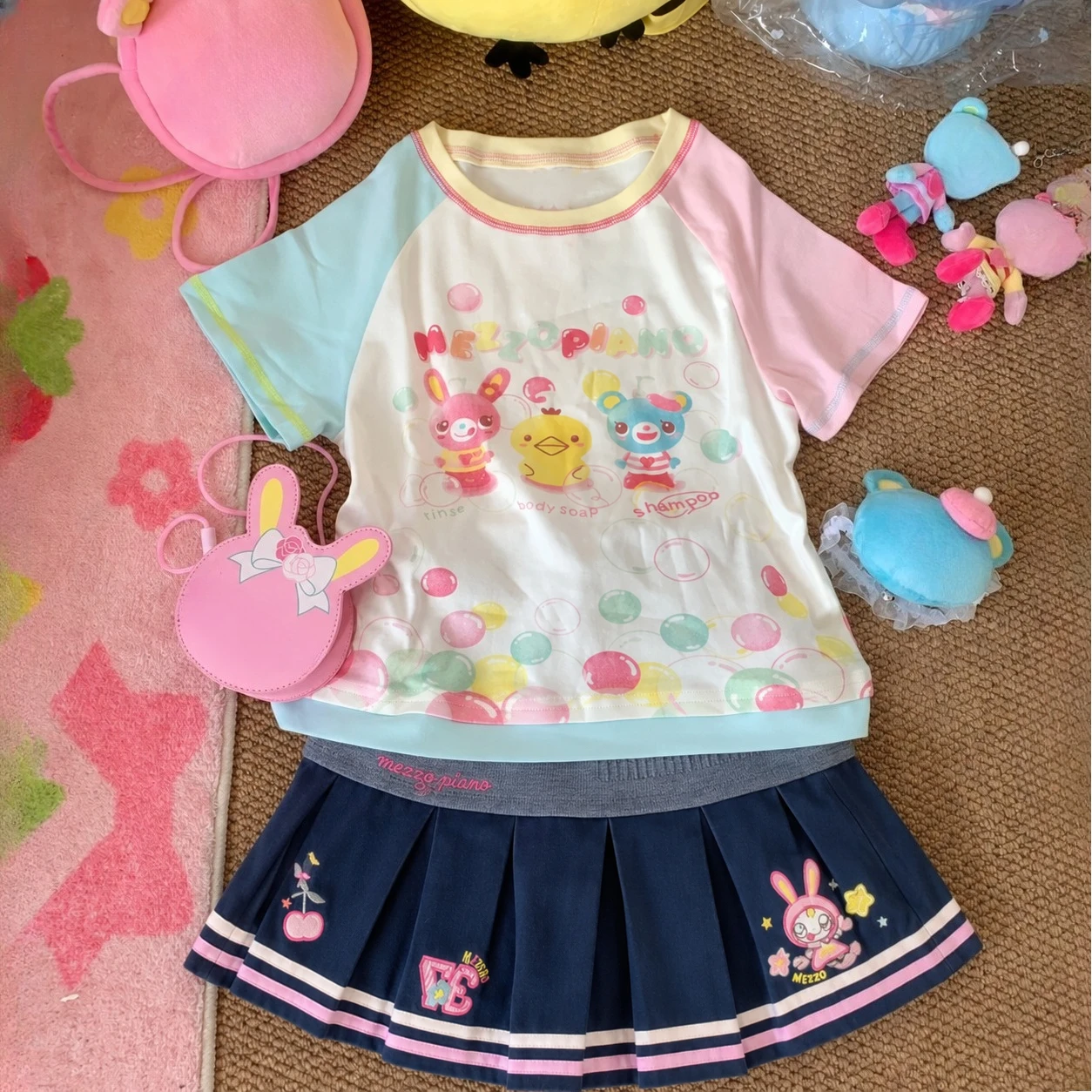 Vintage Japanese Cute Animal Graphic T Shirt Lace Mini Skirt Suit Teen Girls Y2k Daily Wear Outfits view 2