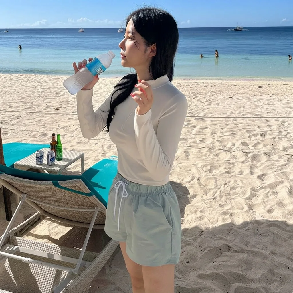 Koreanischer Stil Teenager Dreiteiliger Bikini mit Langarm-Überzug und Shorts Damen Badeanzug Strandurlaub Konservativer Badeanzug – Detail 7
