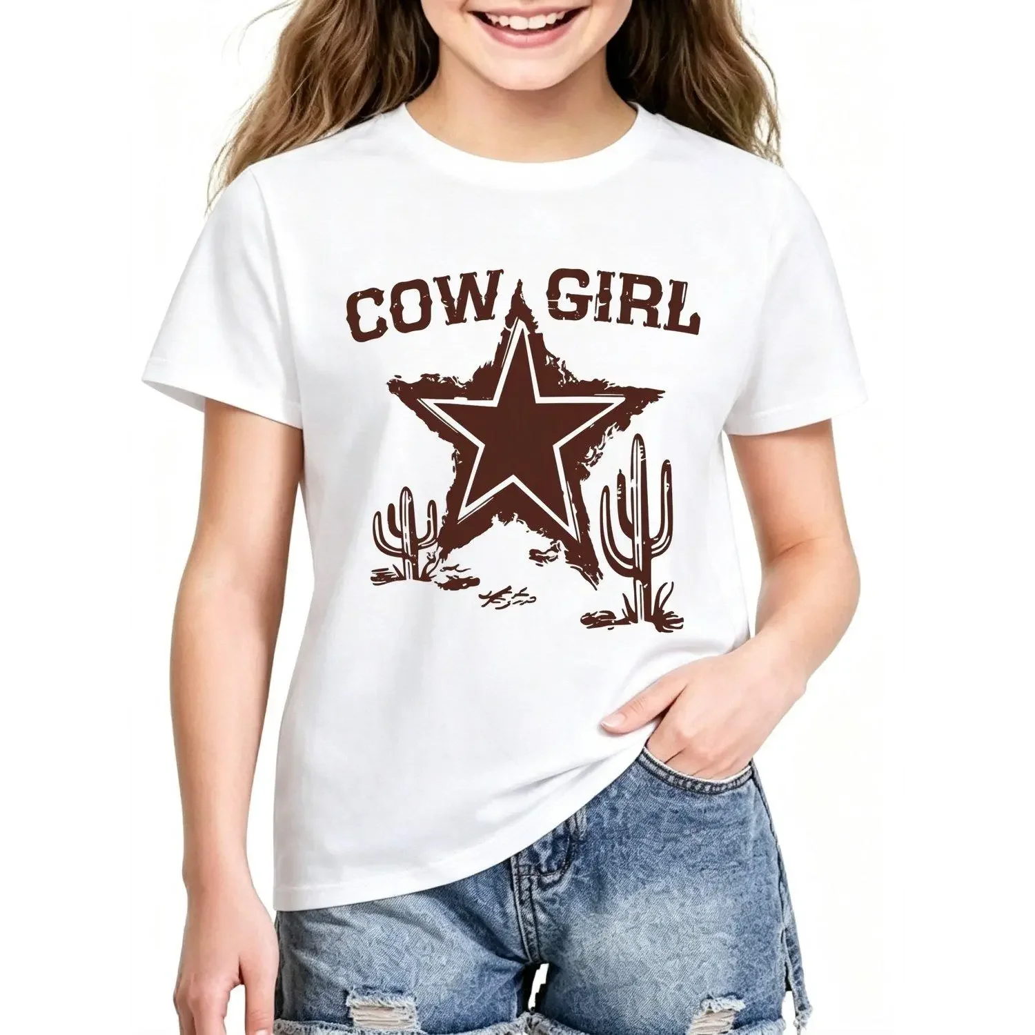 Girls T-Shirts Soft Stretchy Knit Top with Cowboy Lettering and Cactus Print Round Neck Casual Summer and Fall Outfit Machine Washable Retro Western Style Apparel