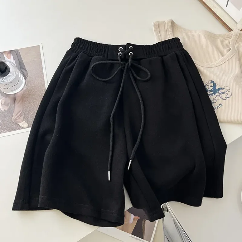 

Женские свободные широкие брюки три четверти, весна-лето, прямые спортивные шорты с высокой талией и завязками