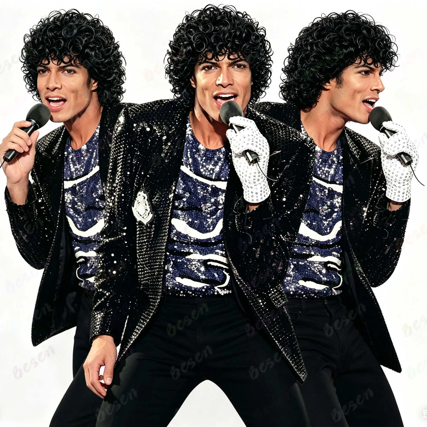 Synthetic 80s Men Short Black Curly Wig with Glove,70s Mullet Wig for Rocker Halloween Party Cosplay,Michael Jackson Cosplay Wig