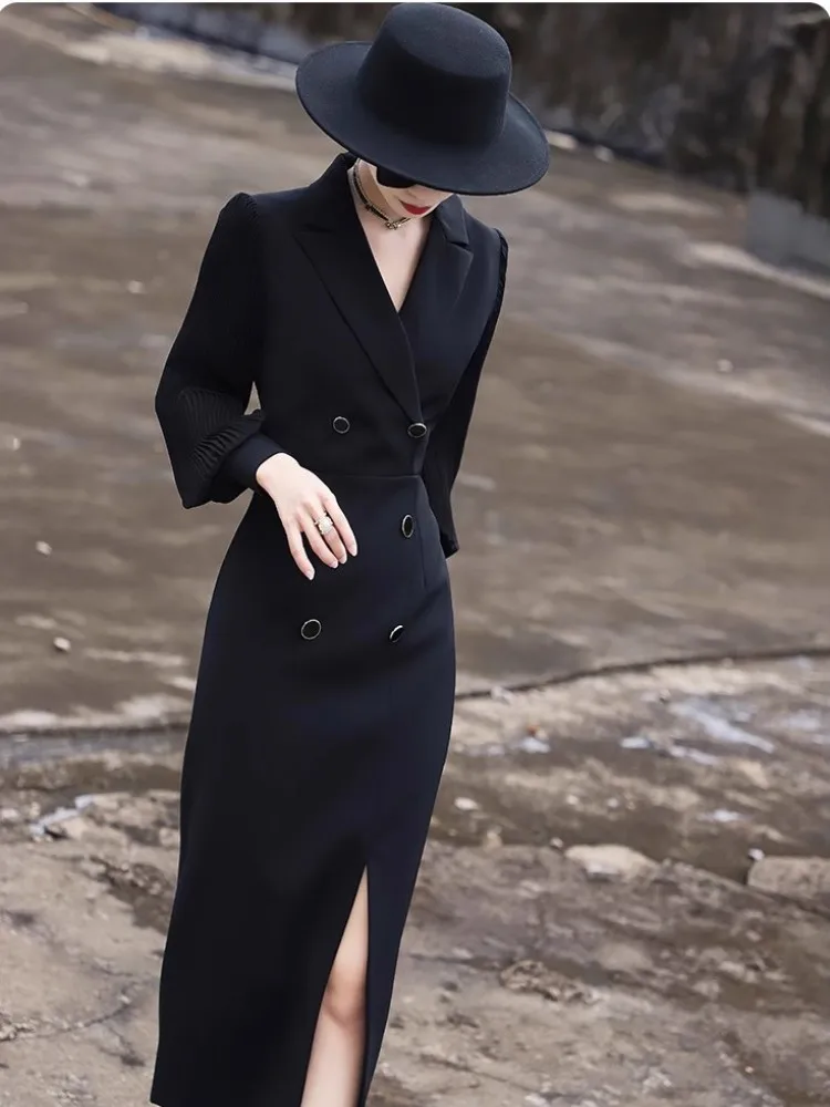 High End Long Sleeved Suit Dress, Women\'S Spring And Autumn Temperament, Commuting Slim Fit Slit Dress