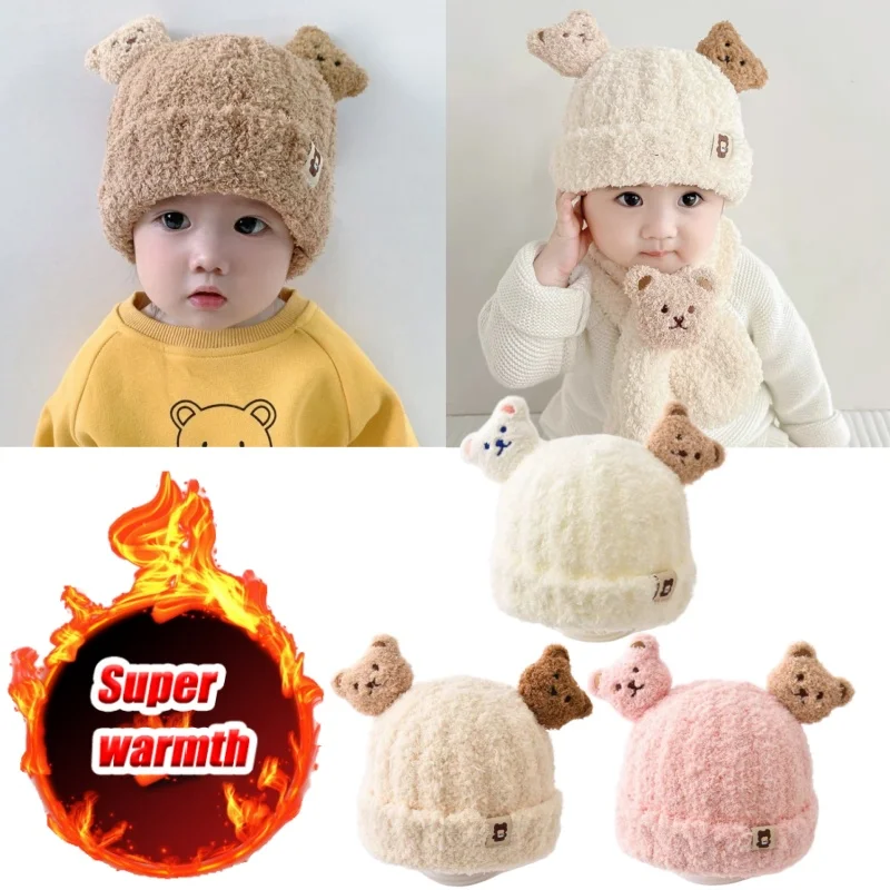 

Kids Thermal Ear Protection Hat Winter Warm Knitted Bear Cap with Flaps Soft Yarn Beanie for Infants Baby Cold Weather accessory