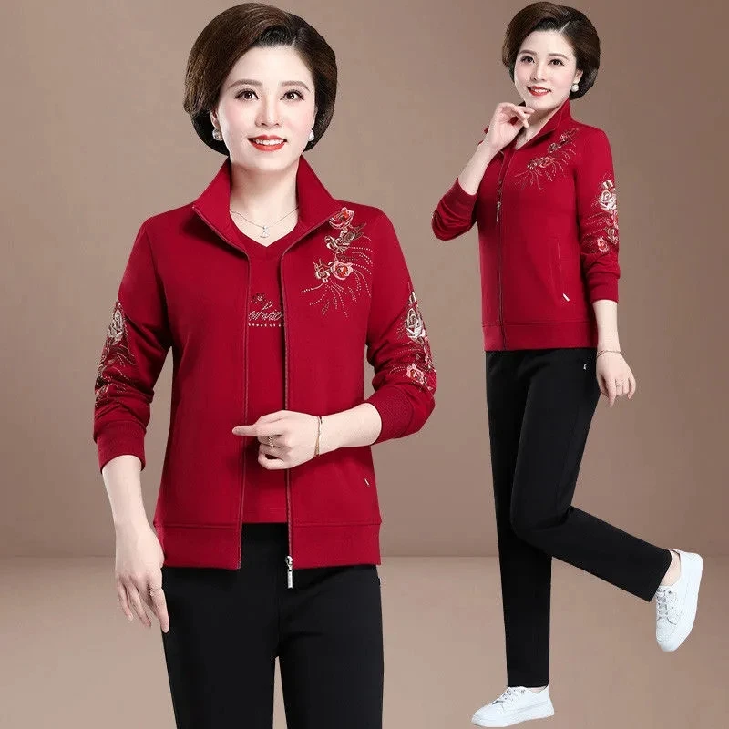 Spring Autumn Embroidered Tracksuit 3 Piece Set Women Outfit Casual Zip Up Jacket + t-Shirt + Pants Suit Conjunto Femenino 2022