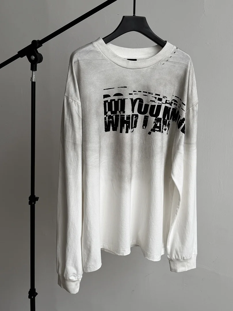 Oversized Saint Long Sleeve Tee Men Vintage Distressed Hole Letter Print Do You Know Who I Am Grunge Streetwear Unisex Tops