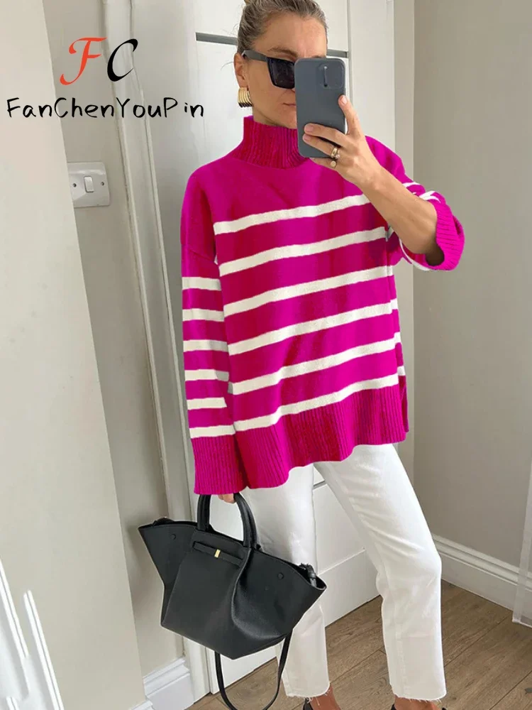 

Turtleneck Women's Striped Sweater Casual Side Slits Thick Warm Winter Jumper Female Vintage Green Knitted Sweaters for Women