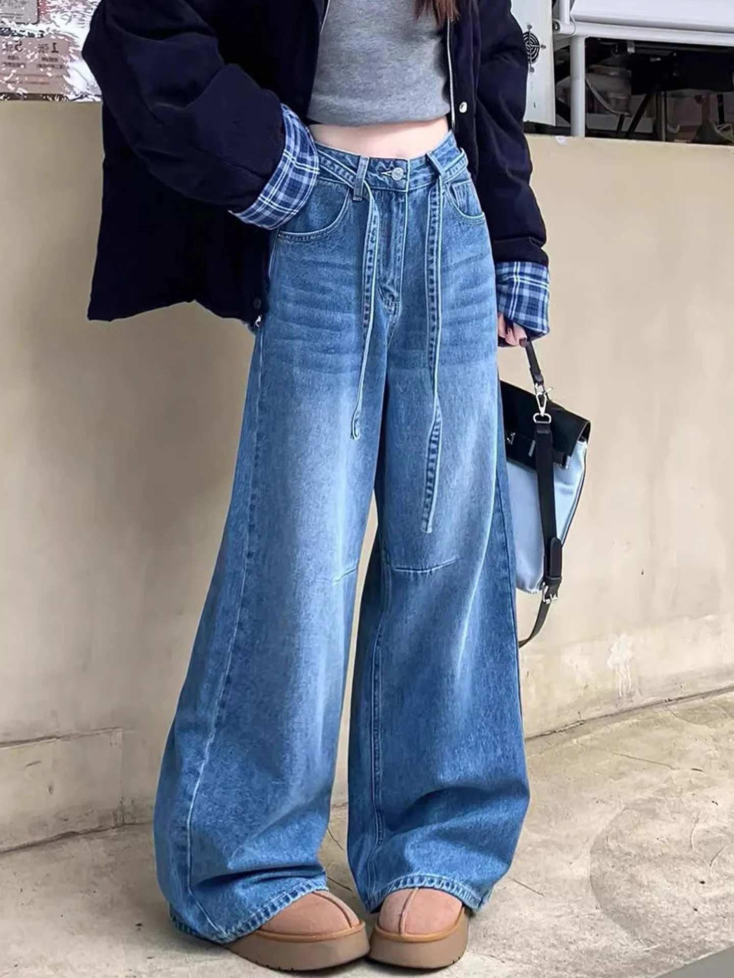 

American Retro Blue Washed Wide Leg Jeans Women Summer New Loose Straight Floor-Length Trousers High Waist Belted Denim Pants