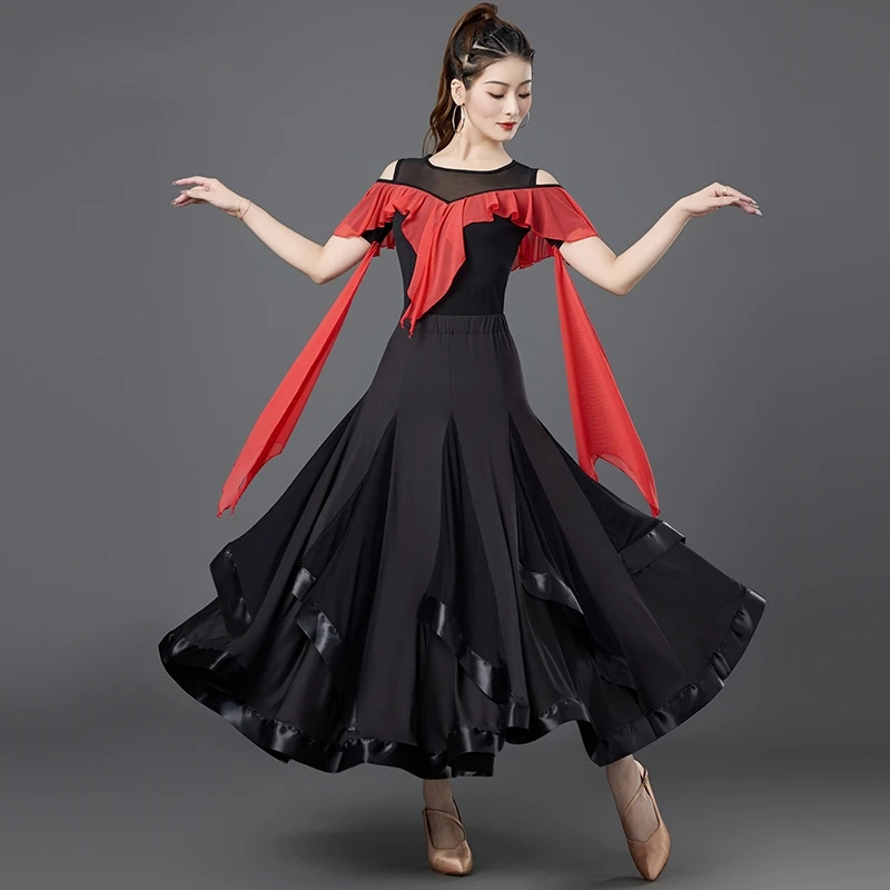 

Modern Dance Dress Performance Costumes For Women's Practice Short Sleeves National Standard Waltz Social Dance Dresss