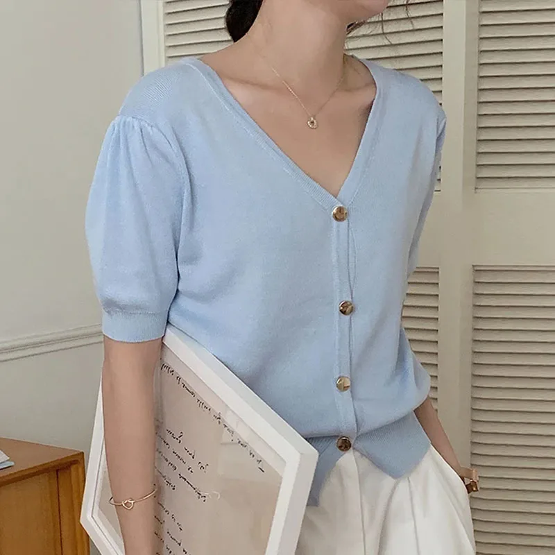 

Women Clothing Knitted Sweater Women Cardigans Fashion V-Neck Knit Sweater Cardigan Women Tops White Short Sleeve Sweaters Q3397