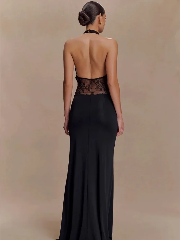 Chaxiaoa ホルターバックレスシャーリングセクシーなマキシドレスの女性のファッションメッシュシースルーノースリーブドレープボディコンクラブパーティーロングドレス