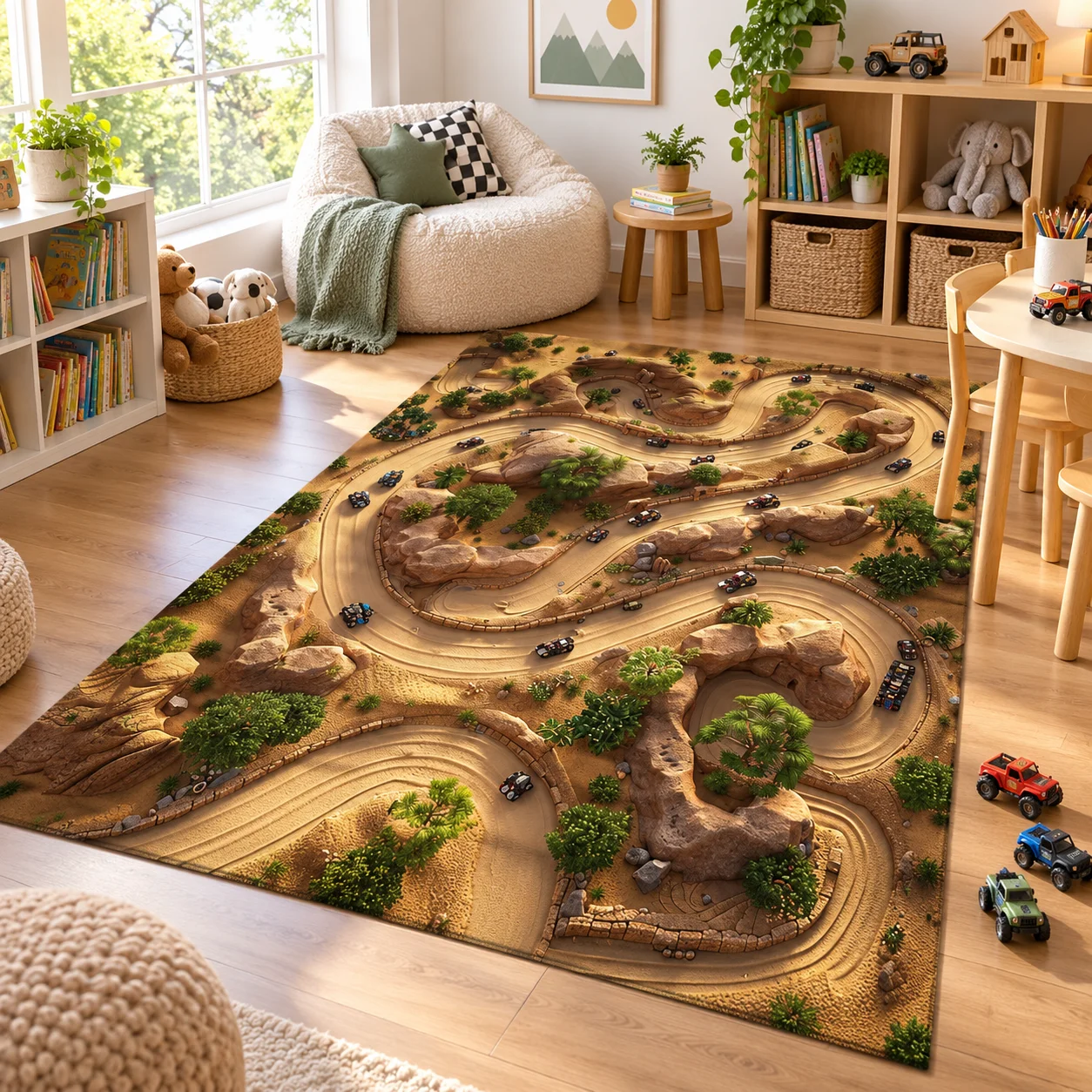 Racetrack Traffic Play Area Rug Tech Fabric Diatom Mud Non Slip Floor Carpet Playroom Bedroom Nursery Living Room Toy Car Road Track Design Interactive Activity Rug Home Decor Race Theme Game Space Educational Route Map Room Decoration Gift