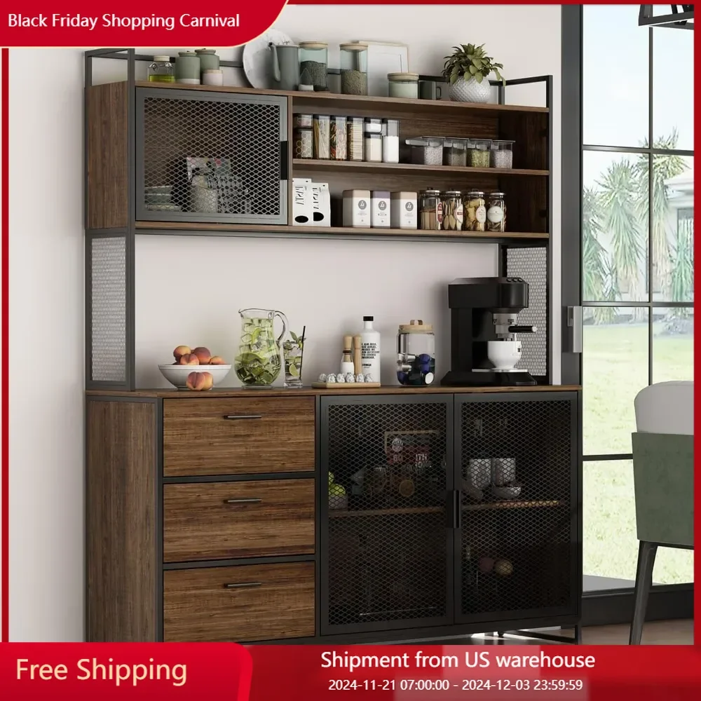 Large Kitchen Hutch Storage Cabinet, Pantry Cabinets with Hutch, Metal Frame Cupboard with Mesh Door, Drawer & Microwave Shelf