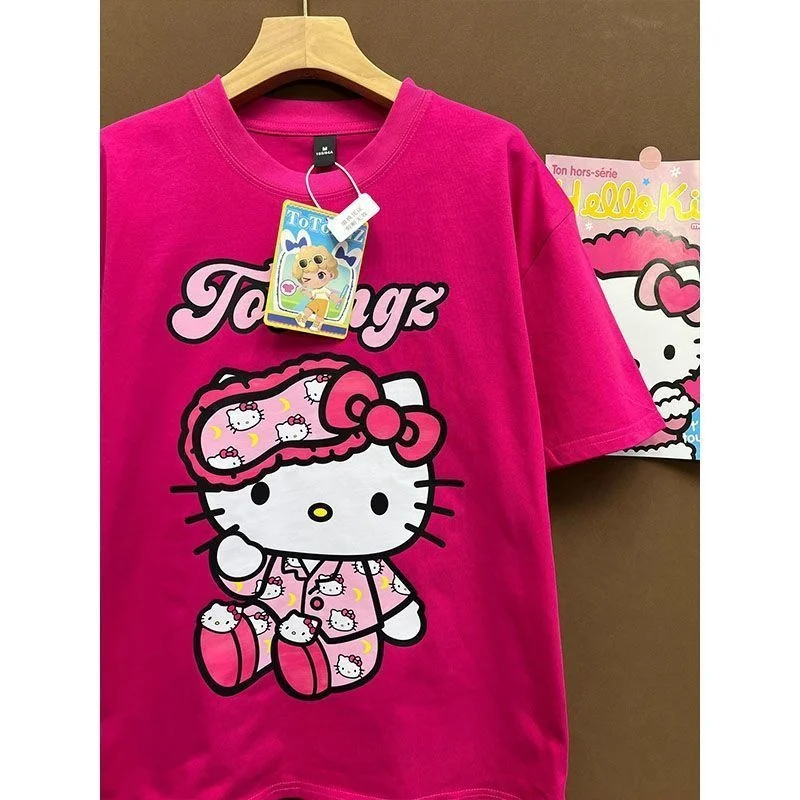 

Plus Size Hello Kitty Women's T-Shirt, Print Short Sleeves Cotton Casual Tops, Loose Streetwear, Girls Daily Wear for Summer