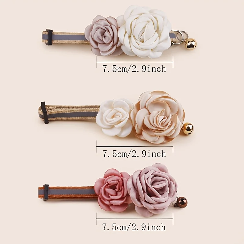 1pc Adjustable Polyester Kitten Collar with Bell - Elegant Double Rose Flower Pet Accessory, Durable and Comfortable for Cats
