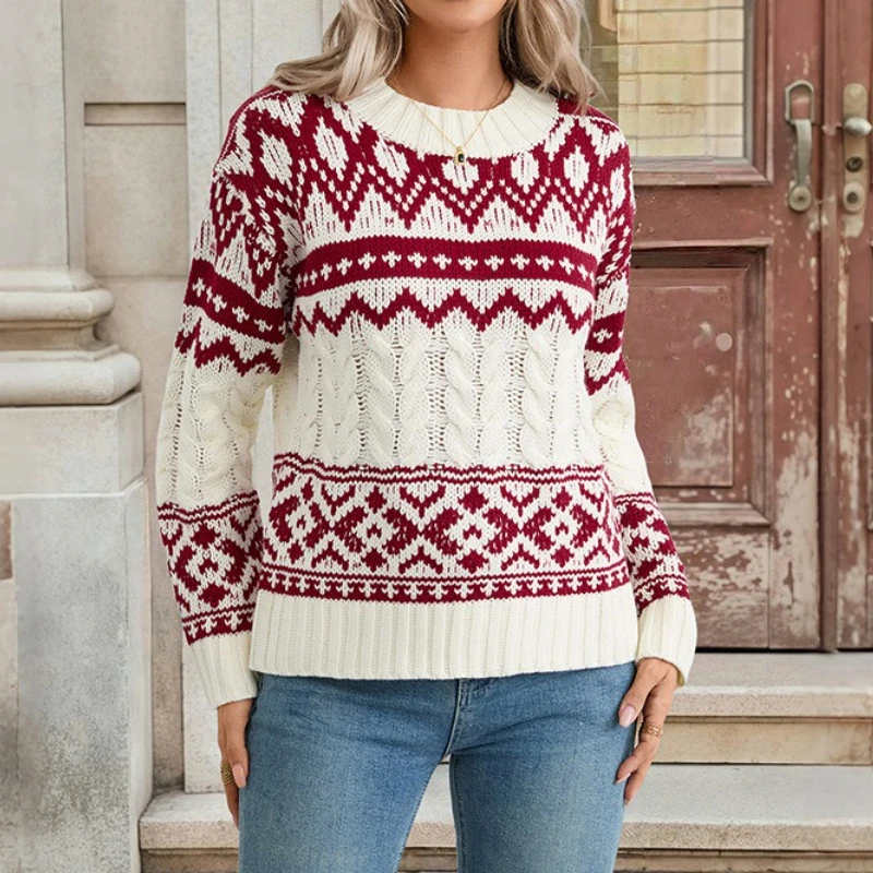 

Women Christmas Pullovers Jumpers Spliced Sweaters Knitted O Neck Long Sleeve Thick Loose Office Y2k Casual Autumn Winter 2025
