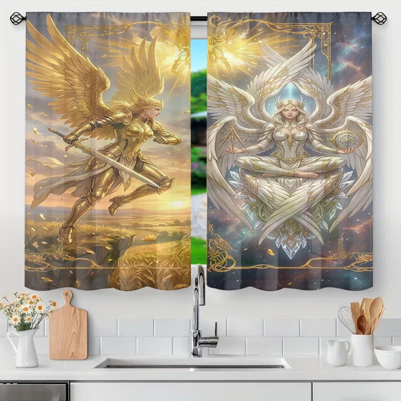 Decorative Fantasy Goddess Warrior Theme Curtain Semi Sheer Drapes Panel for Bathroom Kitchen Living Room Golden Mythology Windo