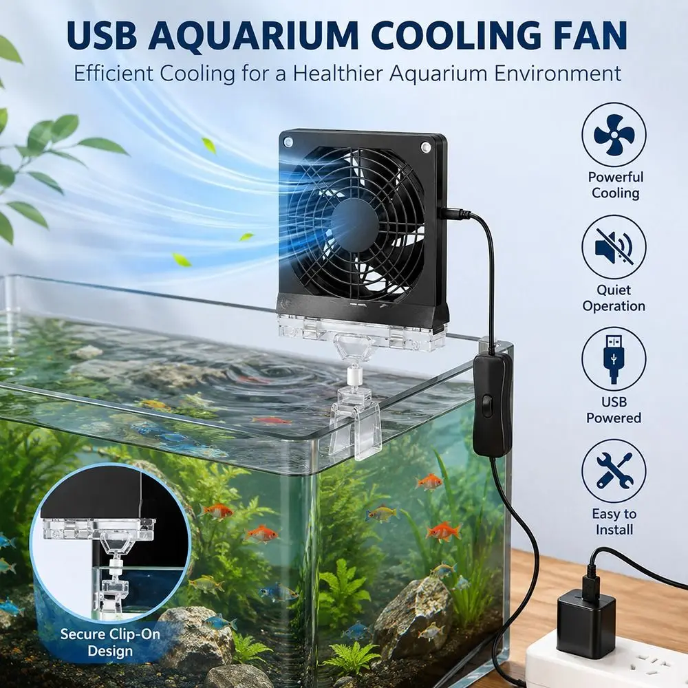 1Pcs Adjustable Angle Aquarium Cooling Fan Variable Speed Quiet Aquarium Chiller Fan Mini Portable USB Fish Tank Fan