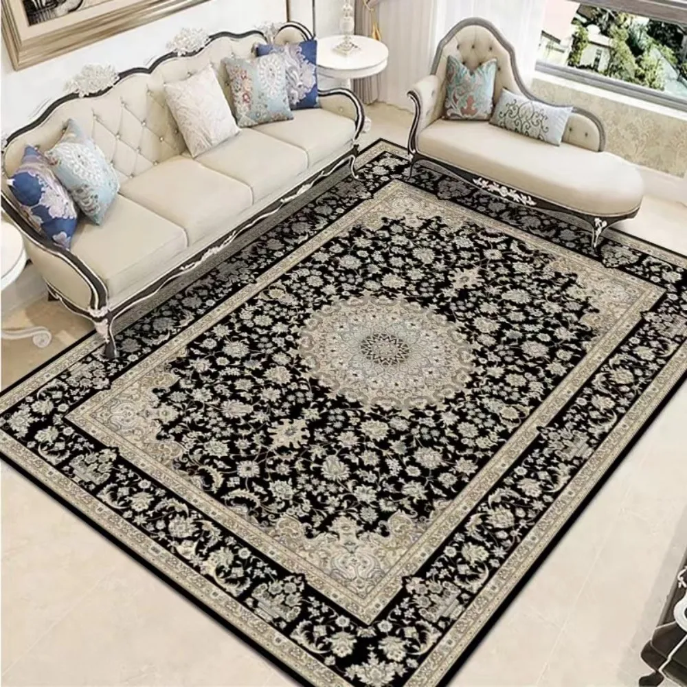 

VIKAMA European Classic Vintage Carpet Black Background Flowers Non Slip Delicate Pattern Carpet Home Decoration