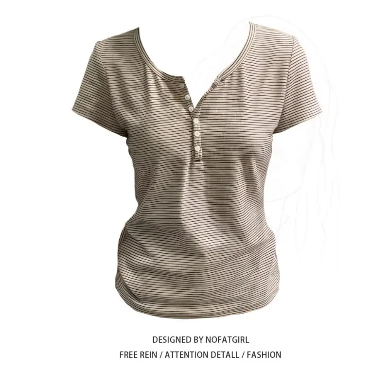 Korean Commuter Women Striped Short Sleeve T Shirt Henley V Neck Button Side Ruched Slim Fit Casual Basic Tees