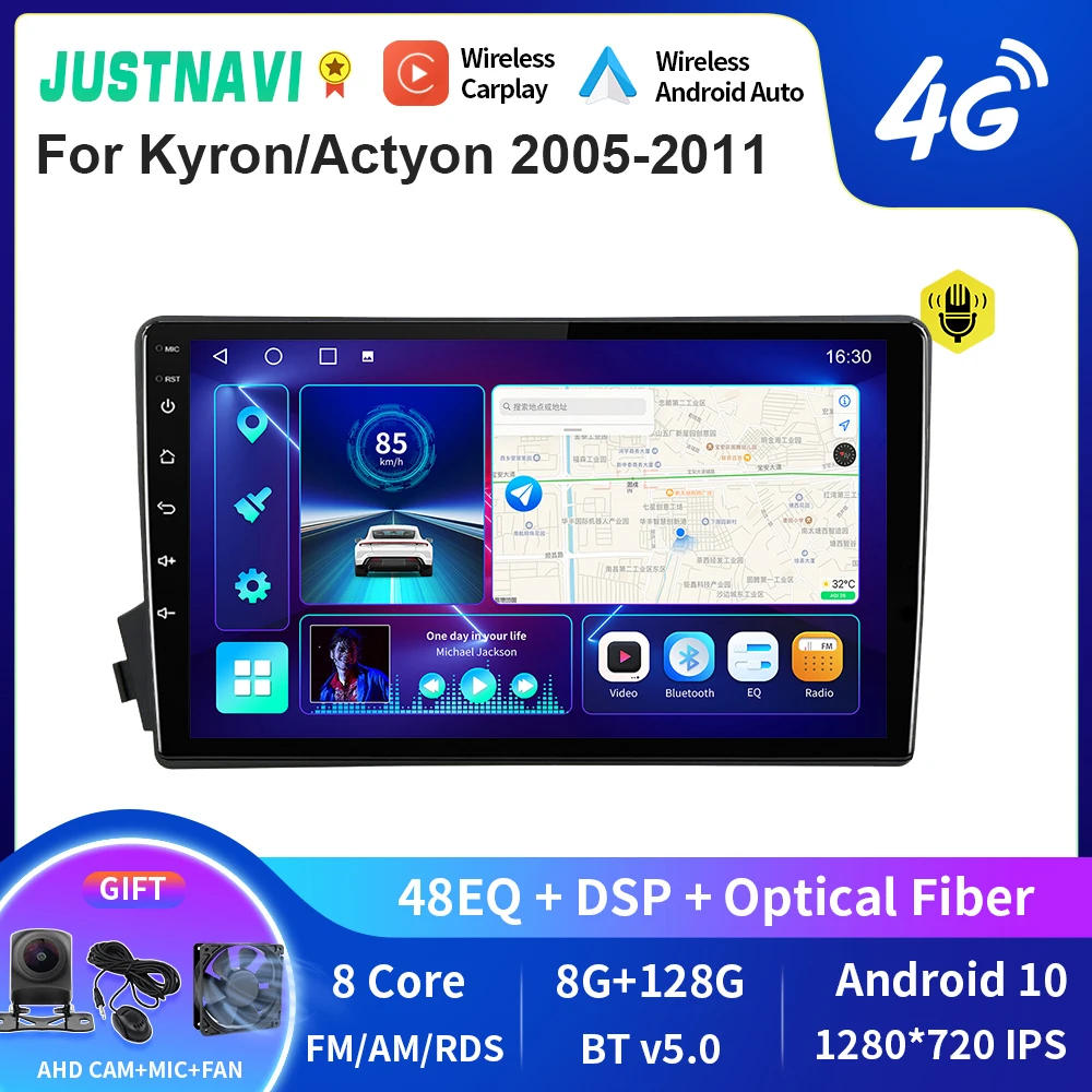 

JUSTNAVI QT10 Wireless CarPlay Android Auto Radio For Kyron/Actyon 2005-2011 Stereo Car Multimedia Video Player GPS DVD