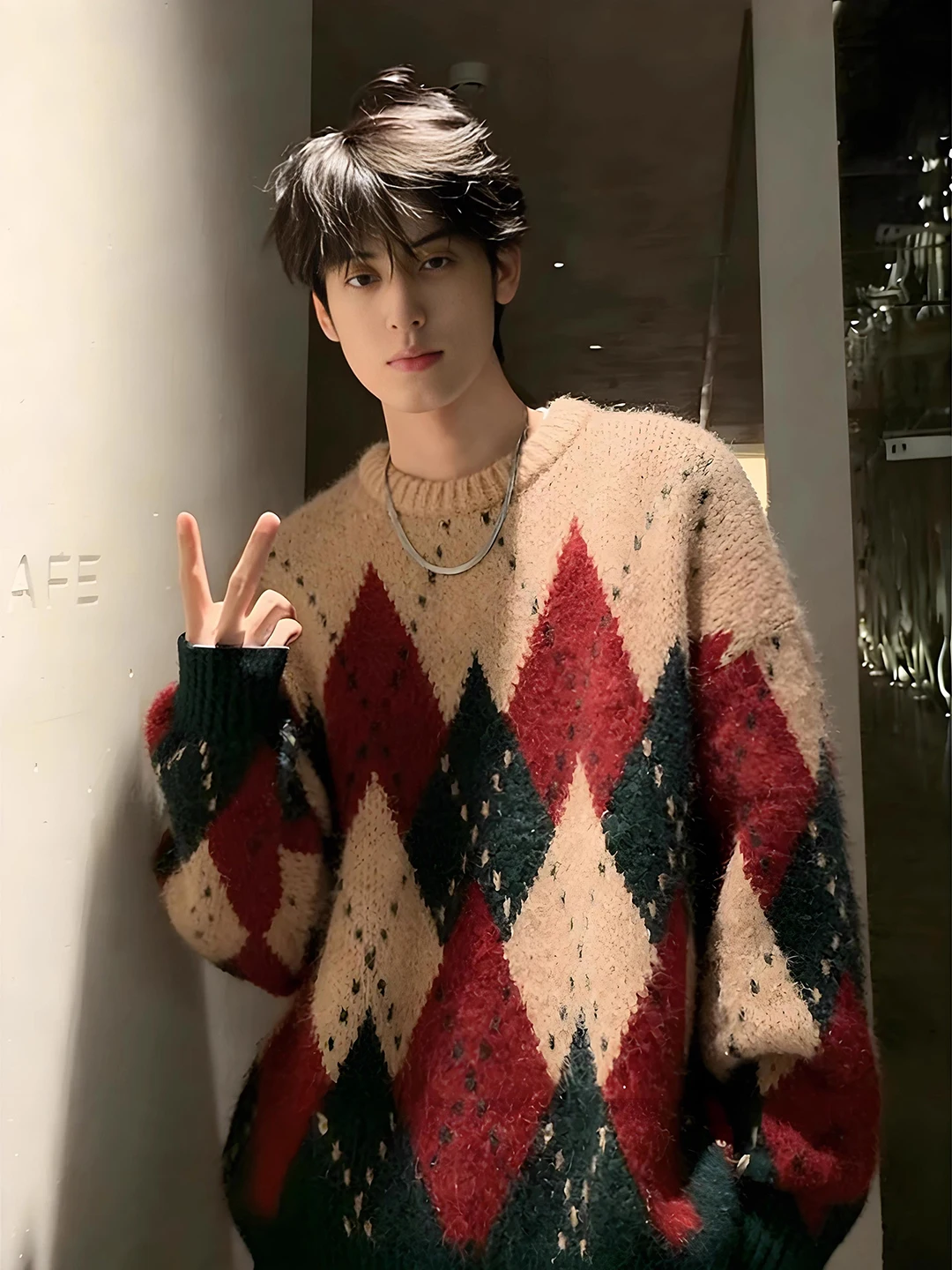 

Мужской зимний вязаный свитер с контрастными цветами и ромбовидным узором, базовый слой для ношения под одеждой, топ для повседневной носки