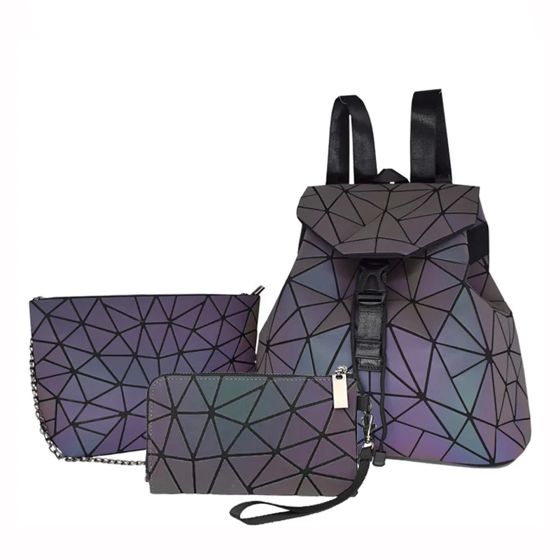 Set Women Backpacks Luminous Shoulder Bags Purse Female Geometric Folding School Bag Crossbody Bag Ladies Luminous Wallet Bag