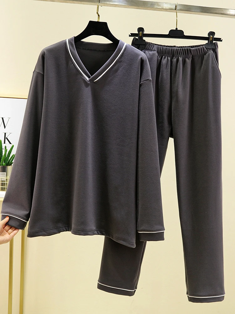 Thickened Fleece Pajamas Set for Men V-Neck Long Sleeve Sleepwear Home Clothes Warm Casual Two-Piece Suit July Deer Brand