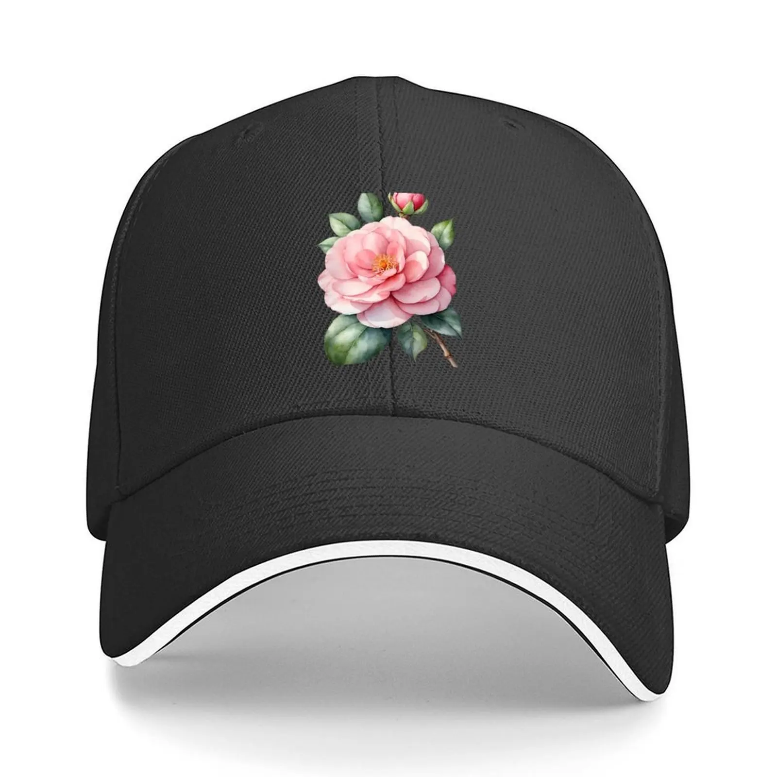 

Camellia flower watercolor painting. Baseball Cap sun hat Luxury man cap golf hat genuine Trucker Hat Men Women's
