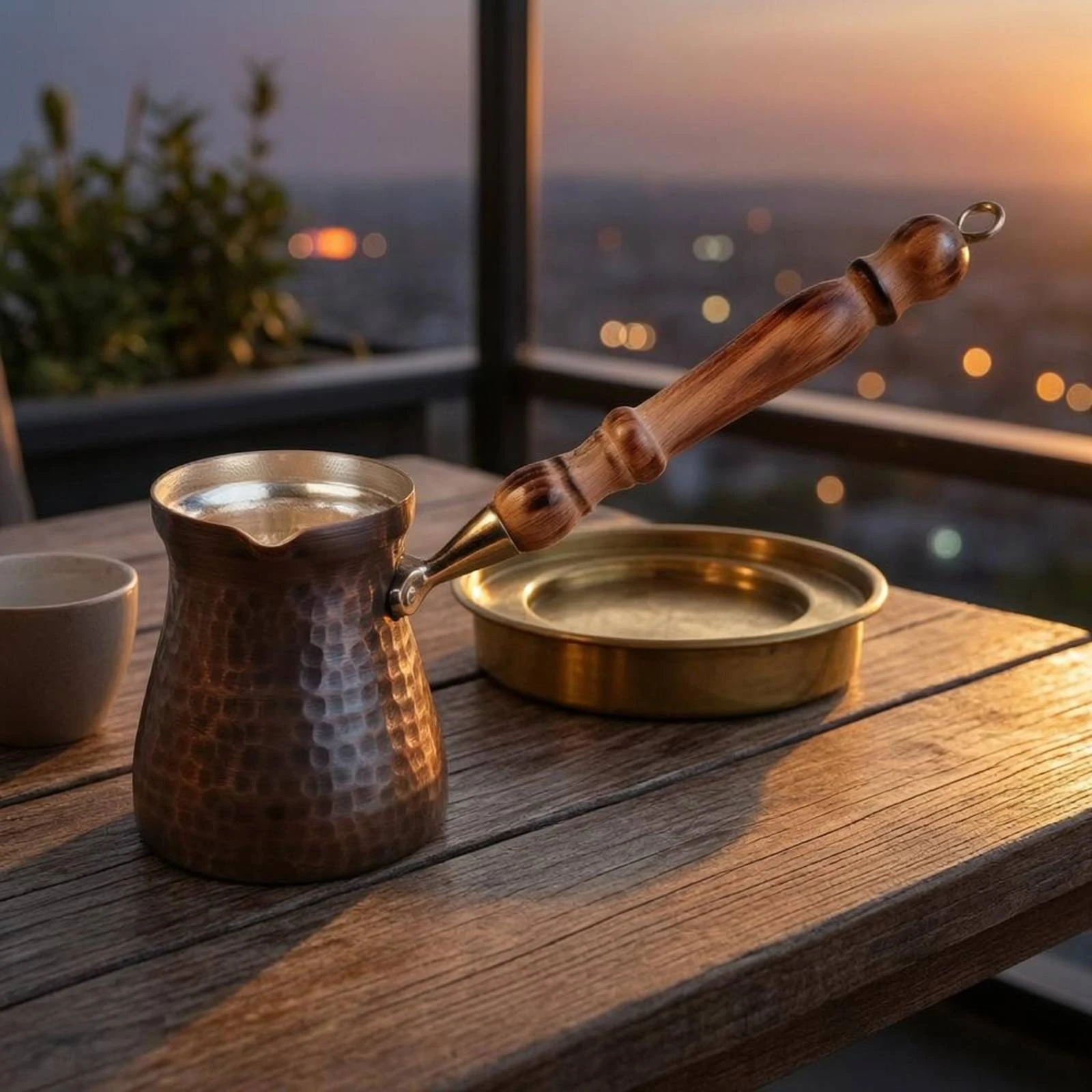 Handmade Copper Coffee Pot Wooden Handle Hammered Copper Cezve Cookware Traditional Style Home Utensil Heat Conductivity