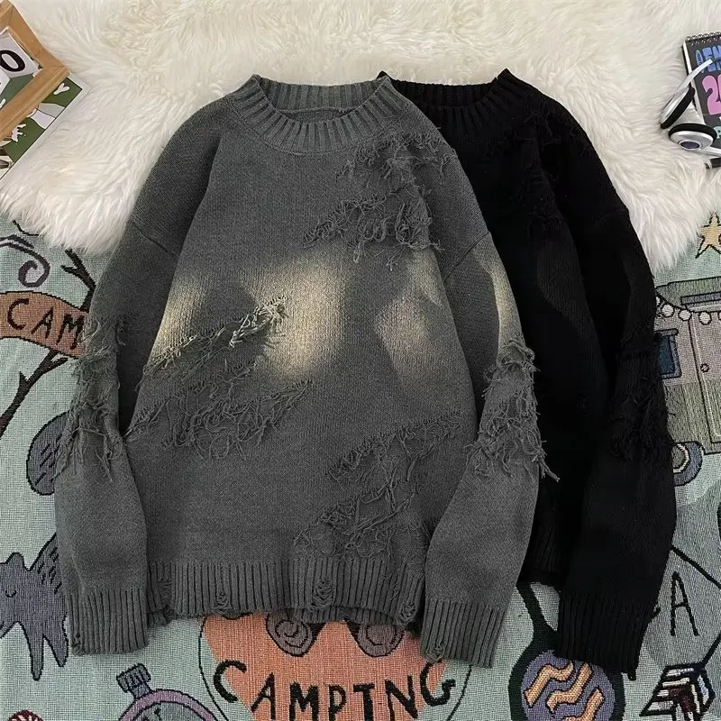 Sweater rajutan leher bulat untuk pria dan wanita, longgar dan santai, menggoyahkan tren atasan serbaguna