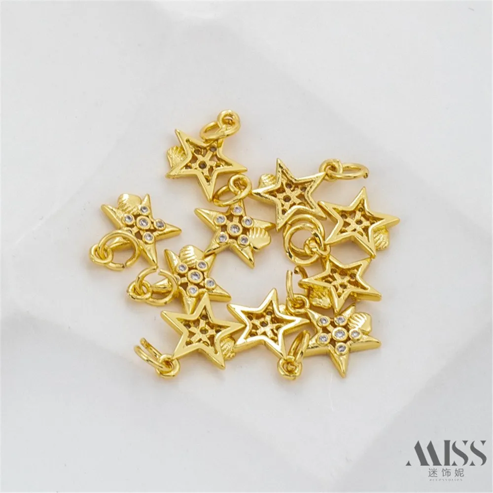Bahan Perhiasan Rantai Dekoratif Buatan Tangan Liontin Jimat Aksesori DIY Pentagram Cangkang Zirkon Lapis Emas 14K