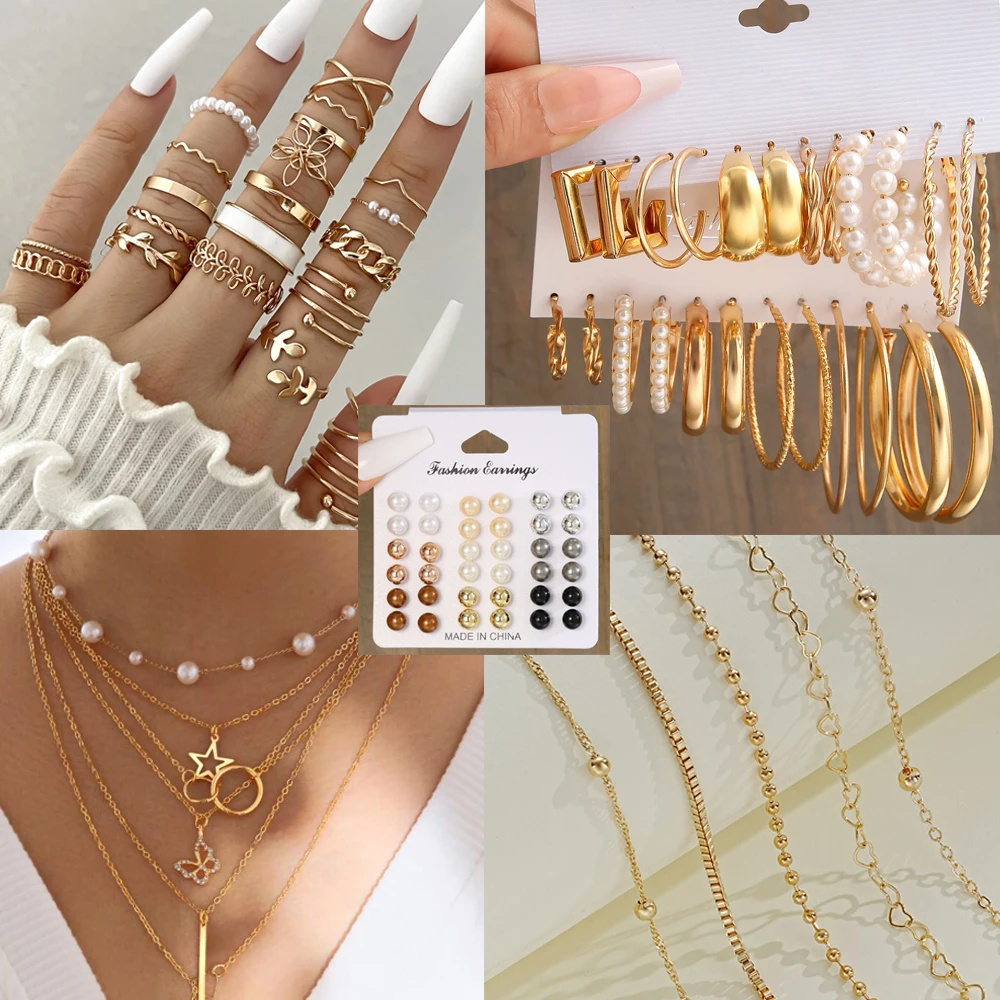 91 Pcs/Set Fashion Metal Wide Face Earrings Necklace Ring Bracelet Jewelry Set For Women Daily Wear New 2024 Festival Gifts