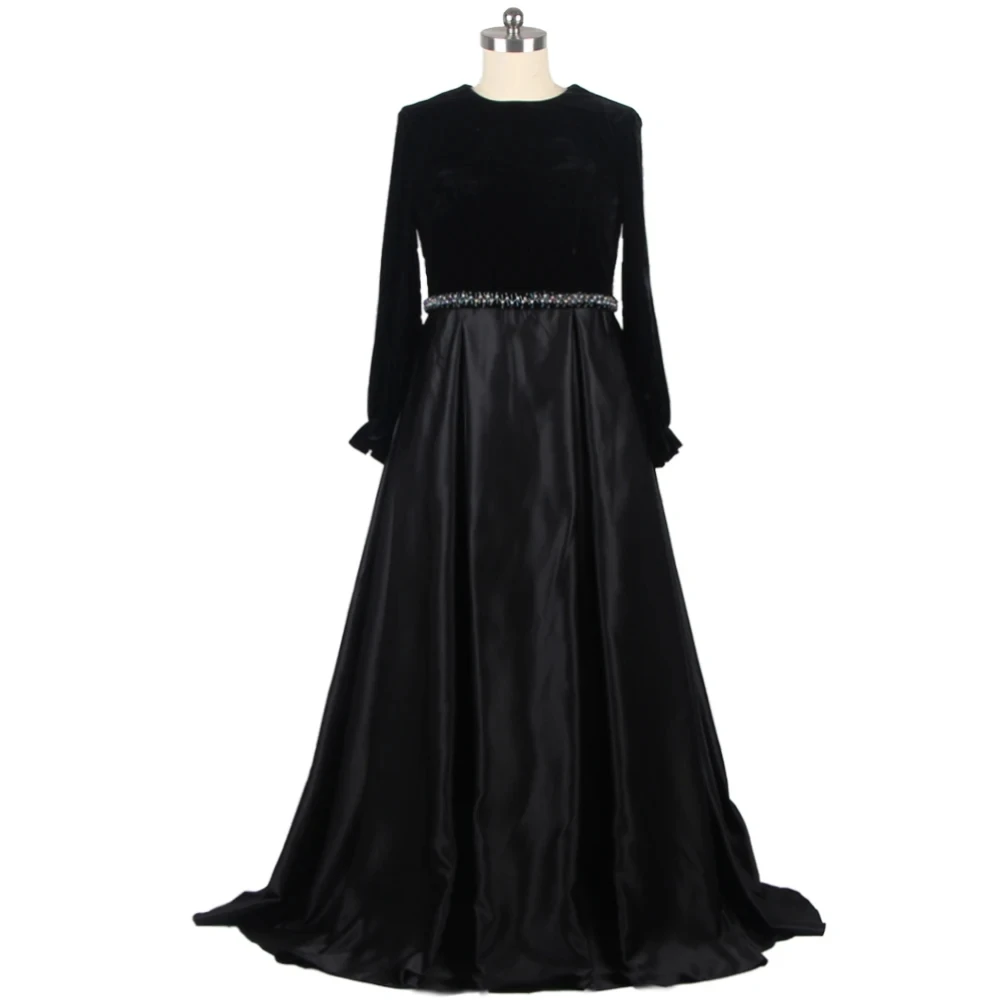 

Customized Real Photo Muslim Black Evening Dress Modest O-neck Full Sleeves Zipper Floor Length Women Plus size Party Lady Gown