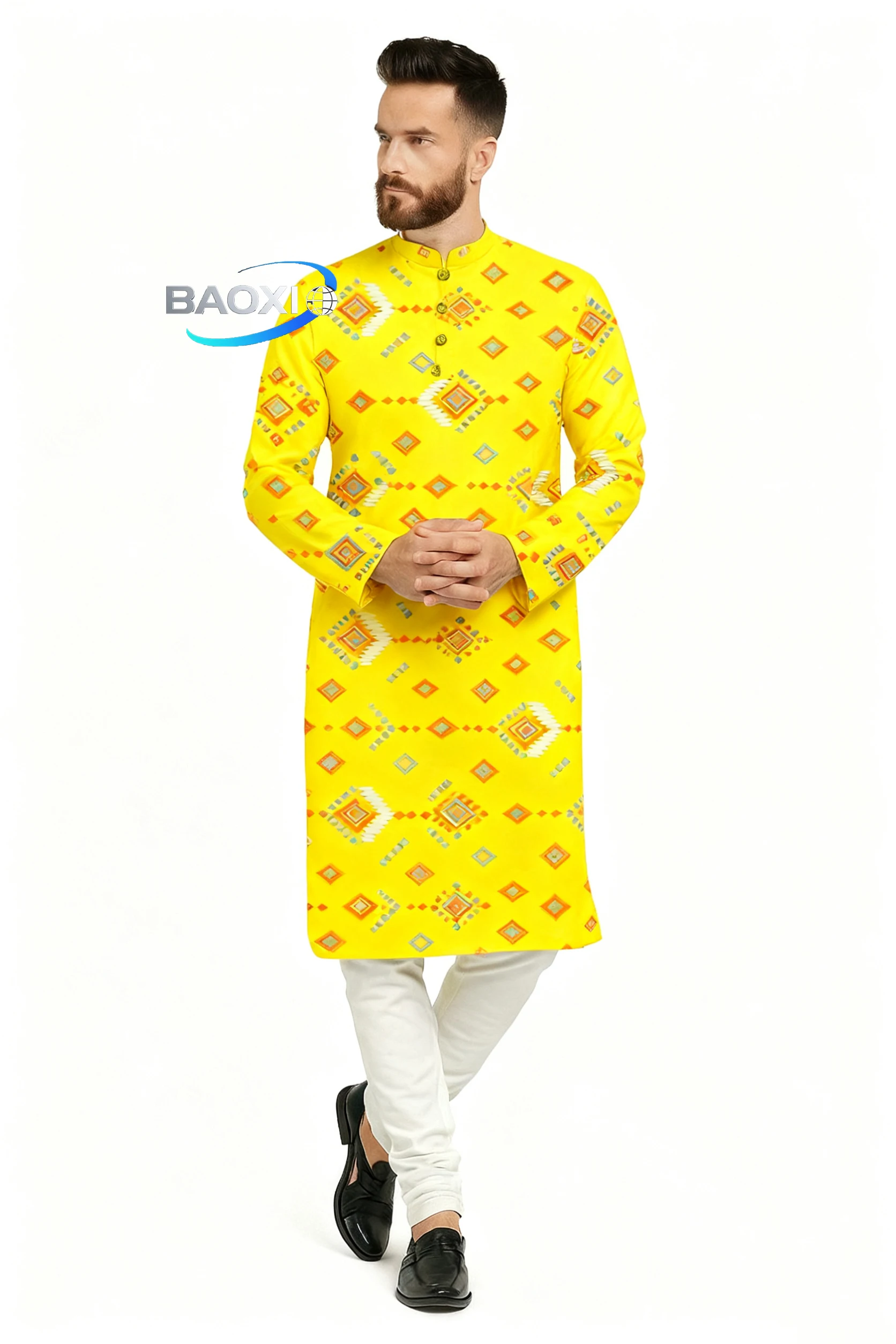 Uomo stampa digitale kurta pensiha vestibilità regolare colletto alla coreana lungo adatto a tutte le occasioni come matrimonio Hari Raya Aidilfitri,