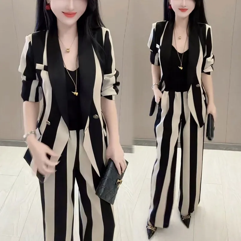Fashion Women's Set 2024 Spring/Summer New Style Slimming Striped Suit Coat Wide Leg Pants Two piece Set