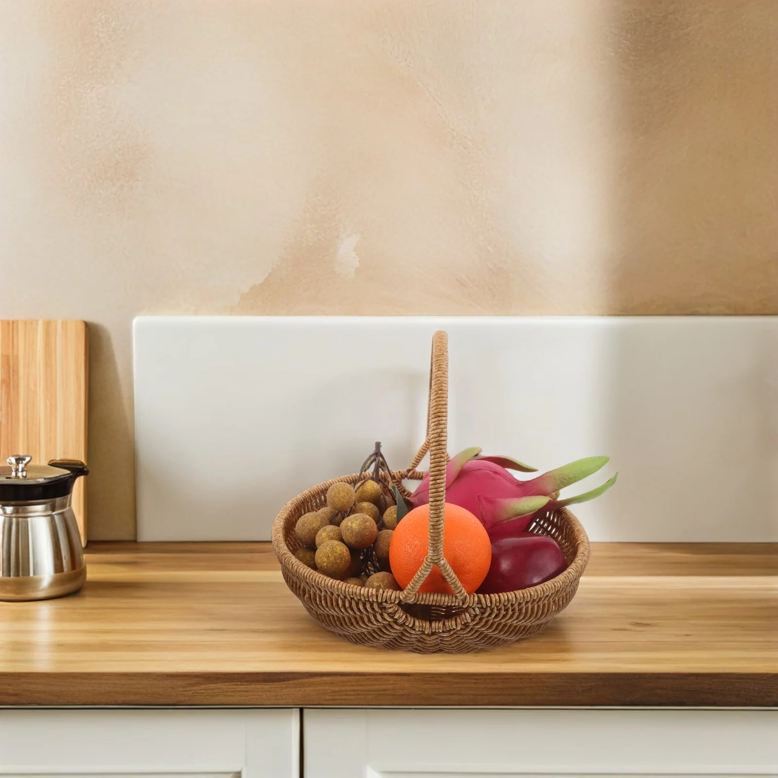 Cesta tejida de ratán de imitación, organizador de almacenamiento de frutas y verduras, pan marrón claro, cosecha, transportador de compras, cocina