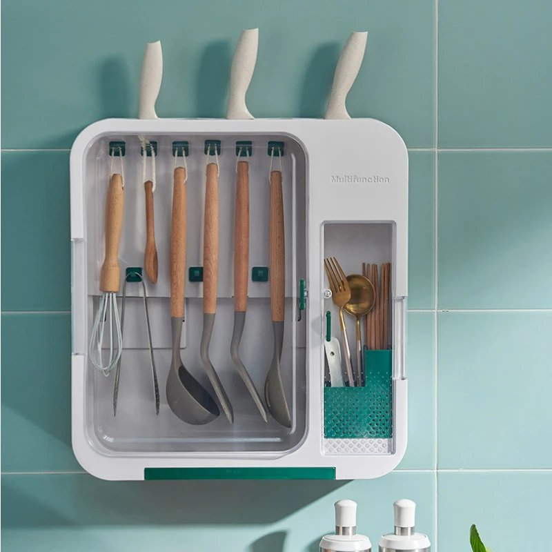 

Unpunched Multifunctional Chopsticks Holder Kitchen Knife Shelf Large Capacity Layered Cutlery Integrated Dust Storage Rack