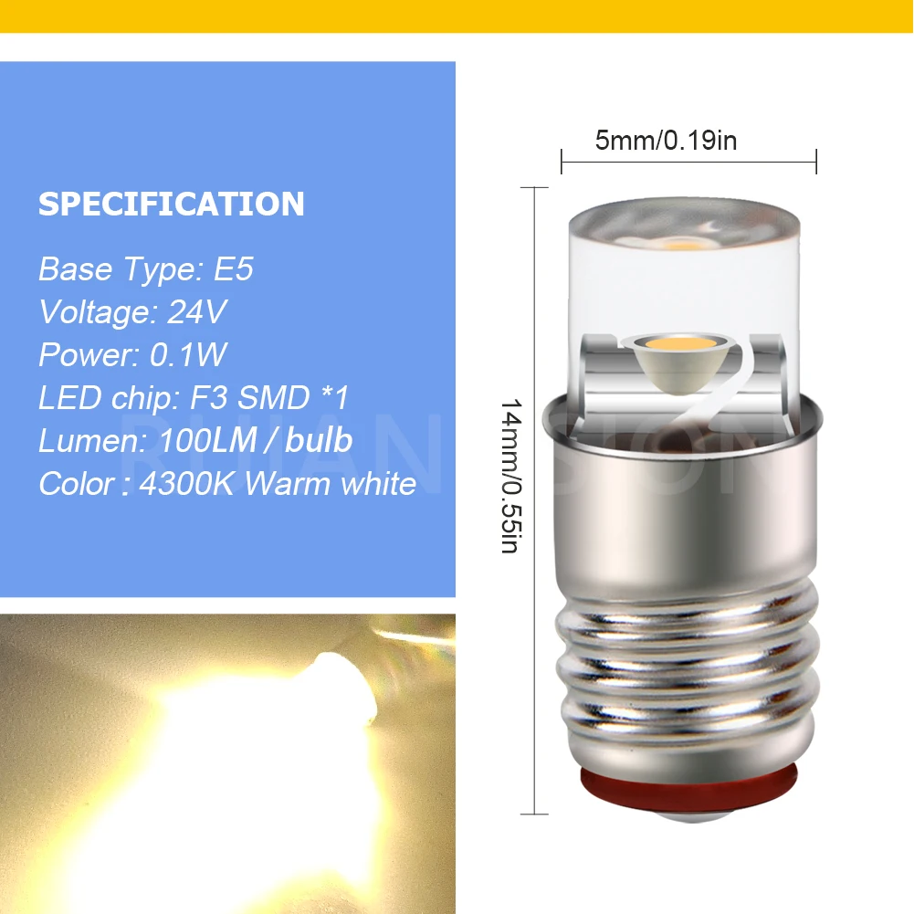 RUIANDSION 4Pcs E5 LED DC 3V 6V 12V 24V 5MM Mini Screw Base Lamp Replacement For DIY Models Toy Indicator Bulb 100LM 6000K 4300K