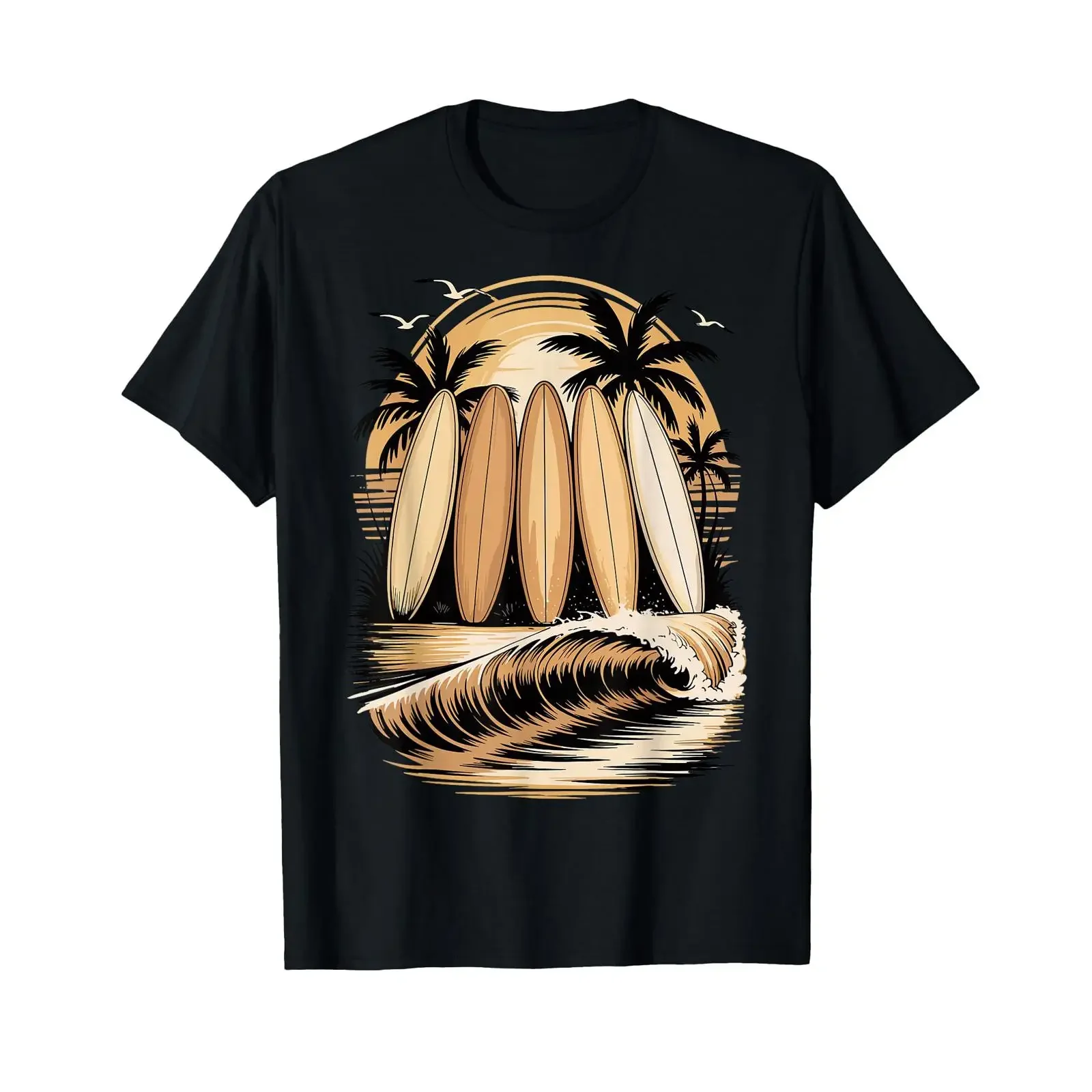 Surfen, tropische Surfbretter, Surfer-T-Shirt, Vintage-Look, gewaschen, atmungsaktiv, lässig, Herren-Streetwear, Oberteil für den Alltag, mit grafischem Muster, weich.