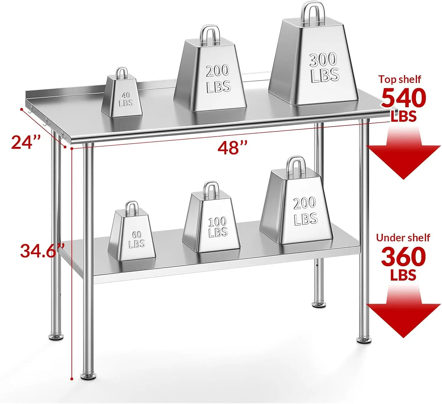 Table de préparation en acier inoxydable pour le travail, 24x48 pouces, capacité de charge élevée avec et pour l'extérieur, restaurants