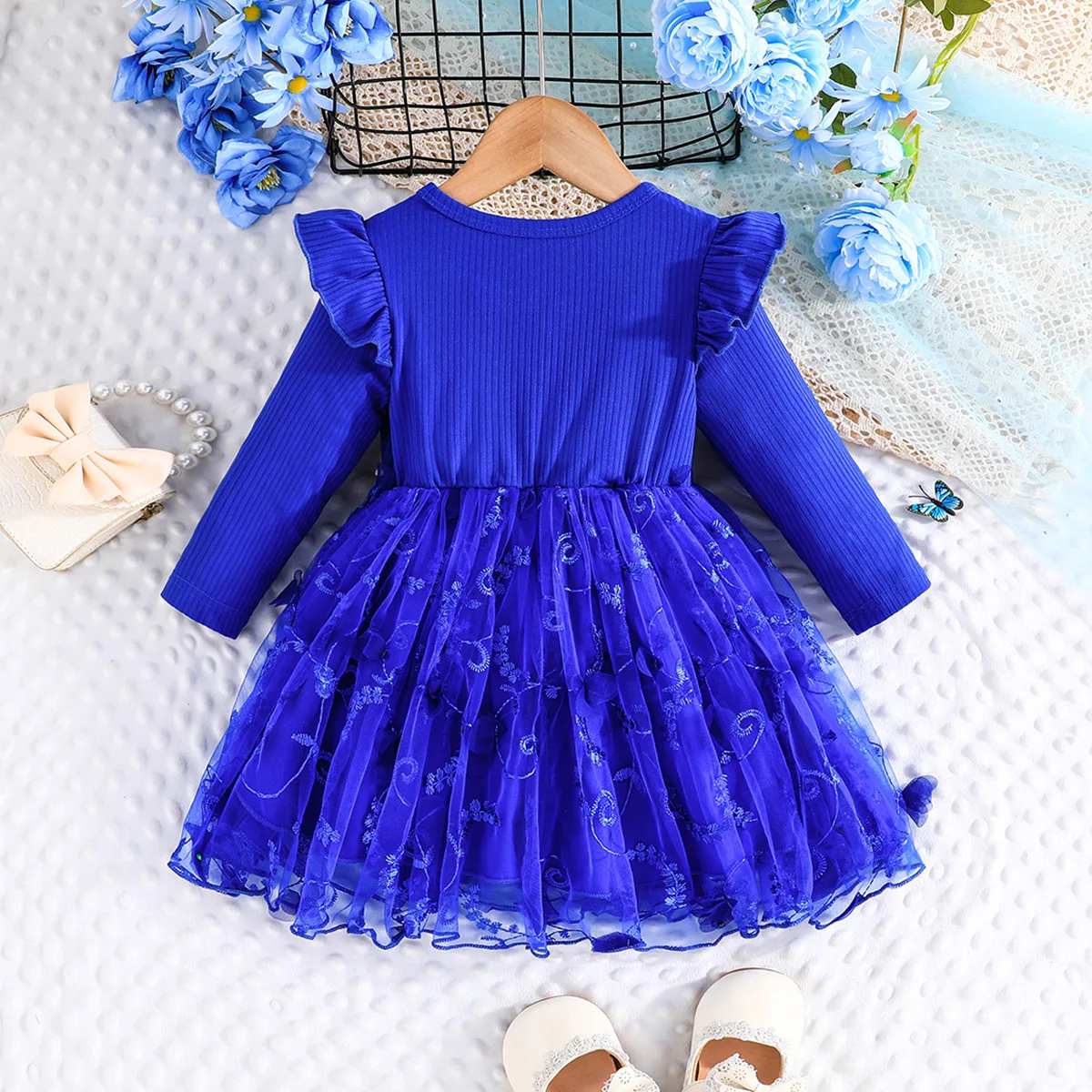 Winter 2024 Girls Dress Girls Long Sleeve O Neck Ruffles Bow Mesh Blue Cute Preepy Look Birthday Party Dresses Vestidos 6M-3T