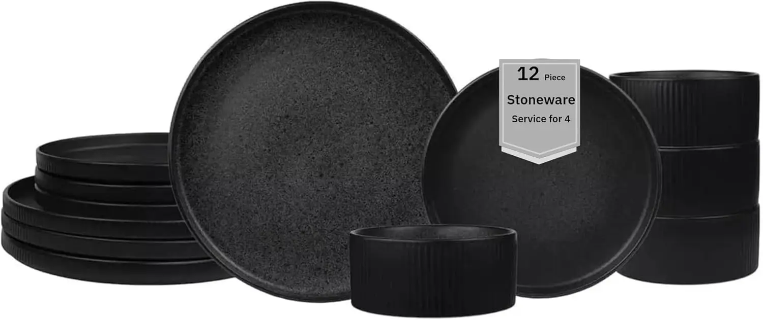 

Anderson Black 12-Piece Stoneware Dinnerware Set – Service for 4, Modern Design with Textured Ridges, Exquisite Reactive Glaze,