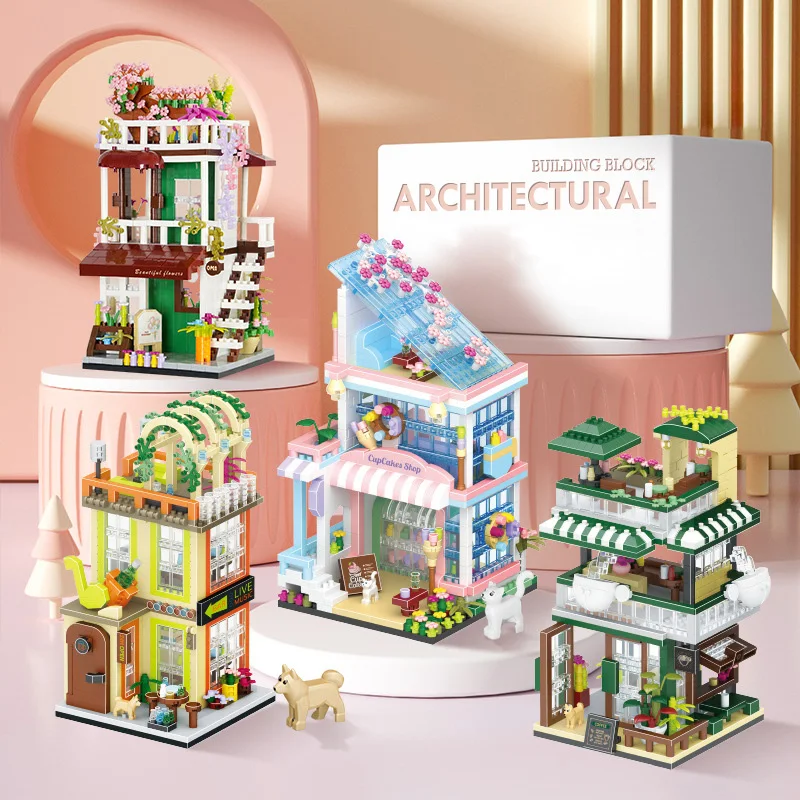 Creative City Streetscape Mini Block Cupcake Cake Coffee Shop Music Bar Florist  Building Brick Street View Toy For Gifts