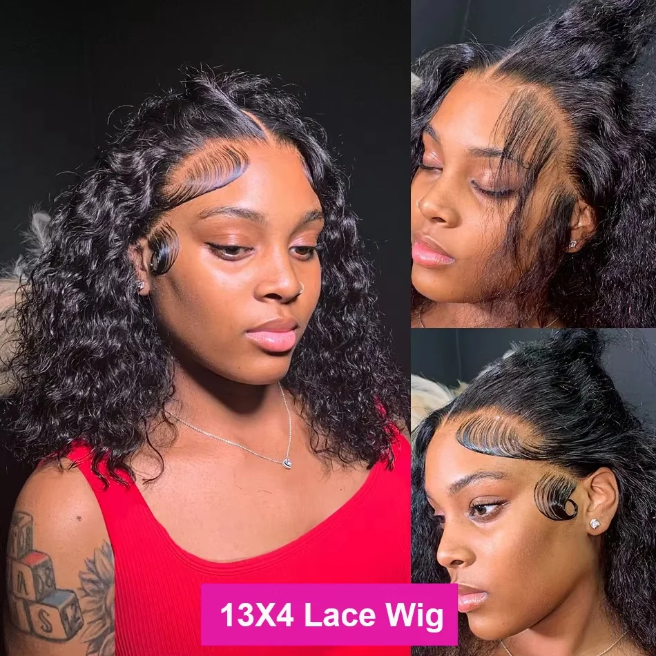 ショートボブディープカーリー人毛フロントウィッグ4x4クロージャー人毛ウィッグ13x4ブラジリアンHD透明レースフロントウィッグ女性用